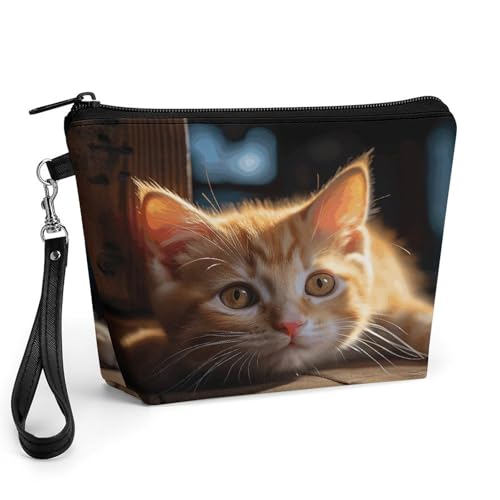 Bolsa de maquillaje para mujeres con diseño de gato naranja pequeño y asa de viaje