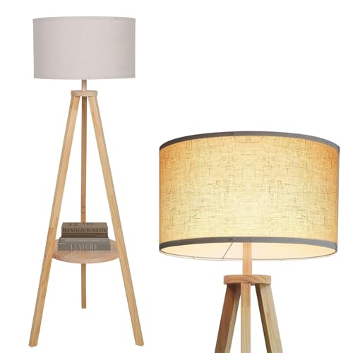 PULUOMIS Floor Lamp, Tripod Standing Lamps for Living Room, Tall Standard Lamp with Shelf E27 Base, Modern Reading Lamp for Bedroom Home Office