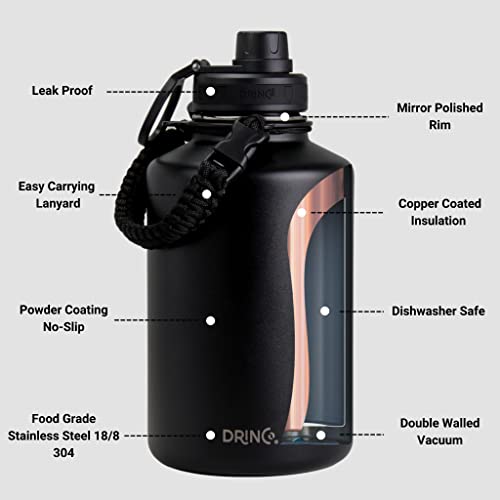 Image of Drinco Stainless Steel Water Bottle Spout Lid Vacuum Insulated Double Wall Water Bottle Wide Mouth Leak Proof Keep Cold Sport Camping Hiking (64oz Black)