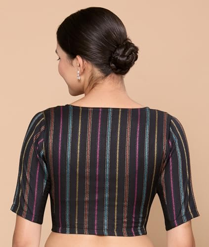 Image of Studio Shringaar Women's Cotton Handloom Stripes Stretchable (Smocked) Readymade Saree Blouse