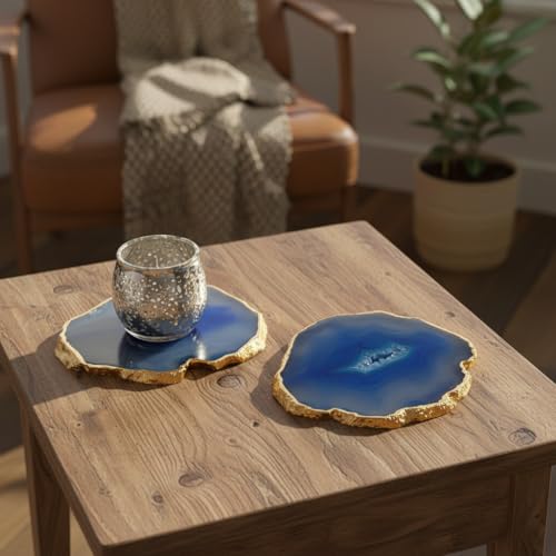 Image of Brazilian Blue Agate Stone Coaster Set of 2, Beautiful Handmade Coasters Fit for Tea Cups, Coffee Mugs and Glasses, Table Accessories and Premium Tableware Decor for Home and Office