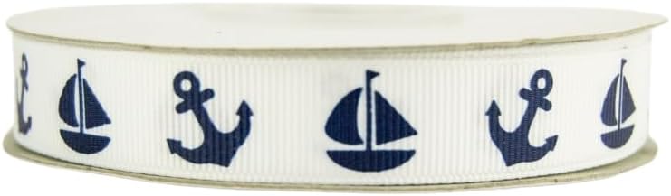 Grosgrain Boat & Anchor Print - White 5/8 25yd