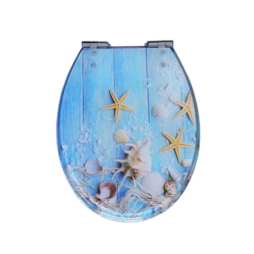 Asiento de inodoro azul con diseño de estrella de mar, bisagras ajustables y función de cierre suave; adecuado for inodoros en forma de O, V y U