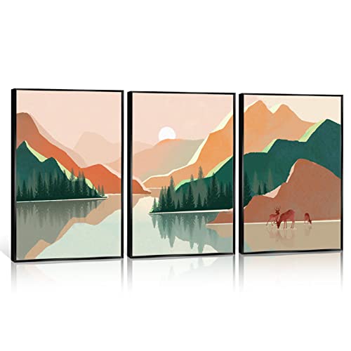 3 Piece Boho Sunset Mountain Landscape Canvas Wall Art Modern Abstract Minimalist Woodland Nursery Decor Room Aesthetic Posters Rustic Sun Forest Tree Lake Animal Deer Prints Painting 12X16In Unframed #TOP9