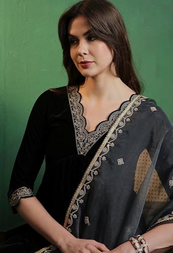 Image of SheWill Women's Zari Sequence Embroiderd Velvet Kurta with Pant and Dupatta| Salwar Suit Set with Dupatta| Velvet Kurta Set Women| Kurta Set for Women|Kurta Set with Dupatta for Women| Anarkali Kurta