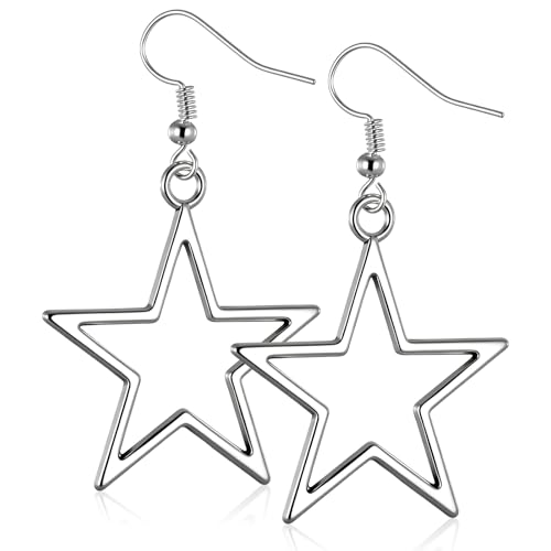 Silver Star Earrings for Women Simple Hollow Star Hoop Earrings Stainless Steel Star Drop Dangle Earring for Party Wedding Daily Use