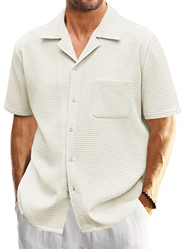 Mens Waffle Button Down Shirt Short Sleeve Loose Fit Cuban Summer Beach Plain Tops