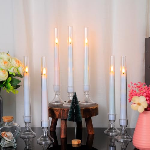 Image of Comenzar 12PC Flameless Taper Candles - LED Candles, Flickering Design with Base, Perfect for Home, Windows，Decoration，Weddings, Parties (White)