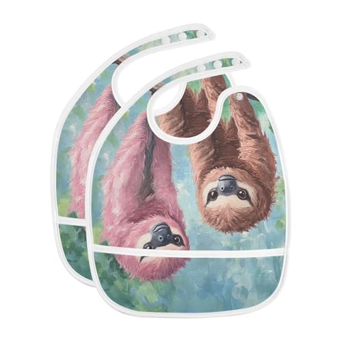 MCHIVER Hanging Sloth Green Baby Bibs for tag1 Waterproof Feeding Bib Apron with Food Cather Adjustable Cotton Food Eating Bib 2 Pack