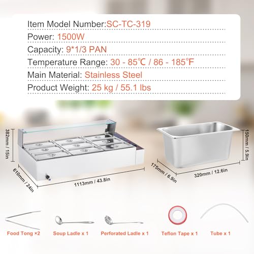 VEVOR kommerzieller Speisenwärmer mit 9 Behältern (je 5 Qt / 1/3 Größe), elektrischer Dampftisch mit Glasabdeckung, 1500 W Arbeitsplatte aus Edelstahl, Buffet-Bain-Marie, 30–85 °C Temperaturregelung – Bild 8