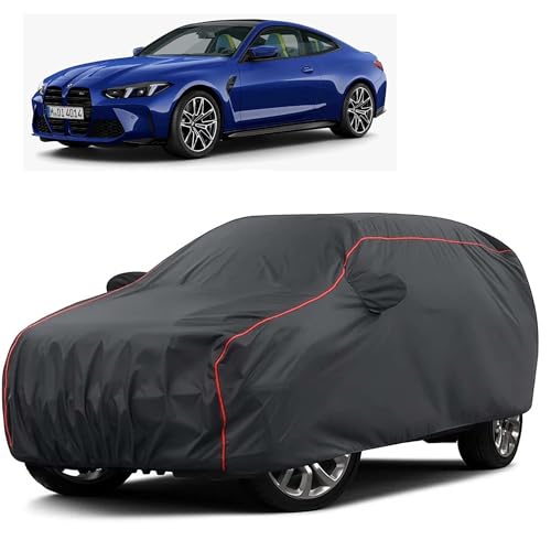 Image of Sulfar 100% Water Resistant Car Body Cover Compatible with Mirror for BMW M Series (Triple Stitched, Full Bottom Elastic, Dark Grey Taffeta with Red Piping)
