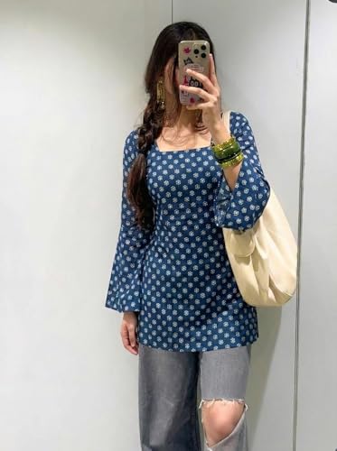Image of ANNI Designer Women's Viscose Blend Printed Short Kurti | Straight Fit Casual Ethnic Top | Square Neck Full Sleeve Kurta Office College