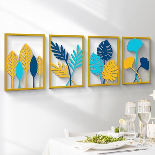 Glamativity 4 Pcs Colorful And Black Double-Sided Gold Leaf Metal Wall Art, 17 x 12'' Botanical Abstract Wall Décor Metal Leaf with Frame, 3D Textured Sculptures, Modern Wall Art With Ginkgo Biloba Design for Living Room Bedroom Bathroom Study (M Size 17 x 12'')
