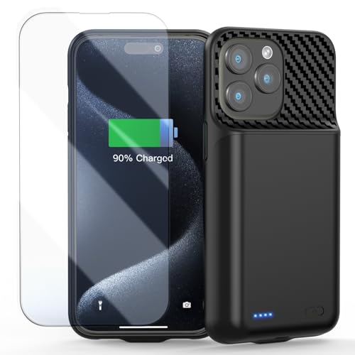 Battery Case for iPhone 15 Pro Max (6.7 inch) 13800mAh [High Capacity] 2026 Upgraded Portable Battery Charging Charger Case Rechargeable Battery Back with Tempered Glass Screen Protector Black