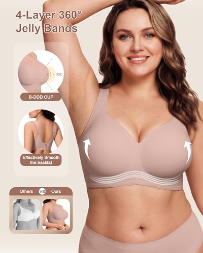 Jelly Bras for Women Wireless Plus Size No Underwire Supportive Full Coverage Seamless Push Up Bra for Older Women,Pink,Large — view 4