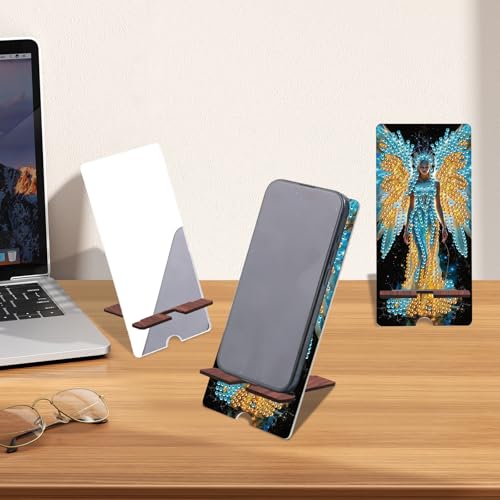 Image of Butterfly Fairy Diamond Painting Phone Stand with Mirror, DIY Wooden Diamond Art Desktop Holder, 2-in-1 Multi-Functional Diamond Painting Tabletop Ornament for Home and Office