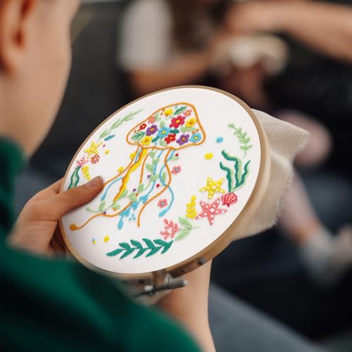 Image of Louise Maelys Jellyfish Embroidery Kit for Beginners Adults | Animal Embroidery Starter Kit With Stamped Fabric, Hoop, Threads, Needles And Instructions DIY Craft,Cross Stitch Kit