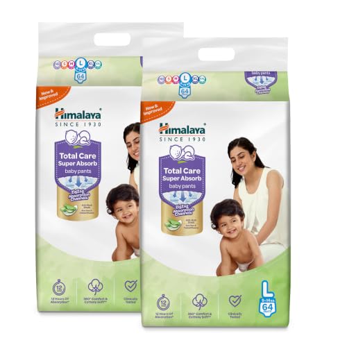 Image of Himalaya Total Care Super Absorb Baby Pants Diaper | Size L (Large) 128 Count | Pack of 2 | 9-14 kg | Breathable & Rapid Zig Zag Absorption | Keeps Skin Calm & Rash Free