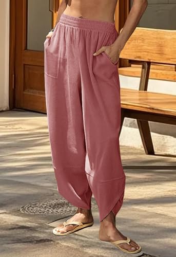 niyokki Summer Pants for Women Baggy Wide Leg Pants Casual Elastic High Waisted Palazzo Harem Pants with Pockets(Pink-M)4