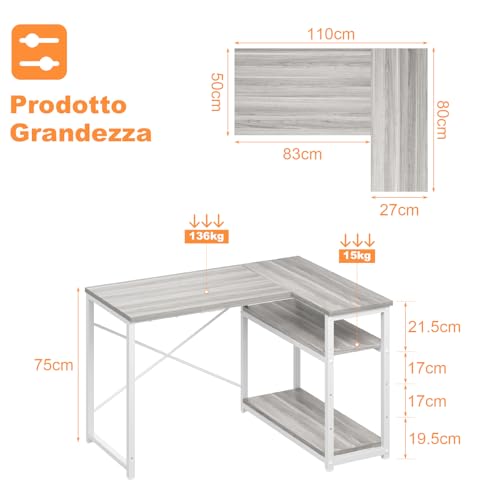 Scrivania ad Angolo Reversibile 110 x 80cm, Scrivania a Forma di L con Ripiani,Tavolo da Lavoro,Struttura in Acciaio, per Computer, Ufficio, Studio and Soggiorno, Grigio - Scrivania Gaming - Immagine 1