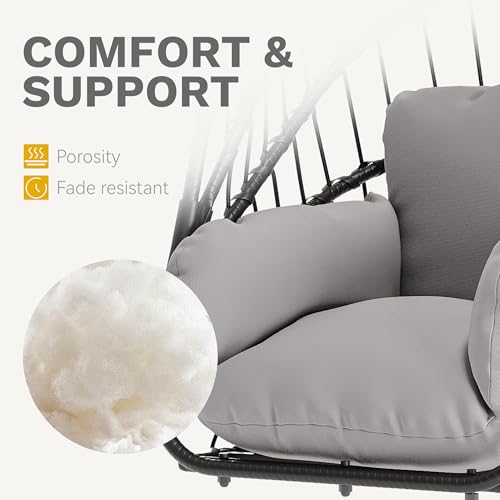 DWVO Wicker Swing Egg Chair 300lbs Capacity - Foldable Hanging Hammock with Cushions & Stand, Indoor/Outdoor Patio Swing Chair for Bedroom, Garden, Balcony (Grey)