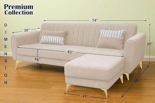 Image of Adorn India Premium Luster 4 Seater L Shape Sofa Set | Velvet Suede Fabric | 3-Year Warranty | Color Cream with Golden Legs & Striped Pattern Cushion