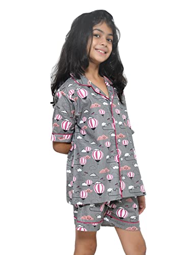 Image of Girls Premium Cotton Full Sleeves Printed Nightsuit Set | Collar Style Night Dress for Girls | Soft & Breathable Pajama Set | Trendy Kids Sleepwear & Nightwear