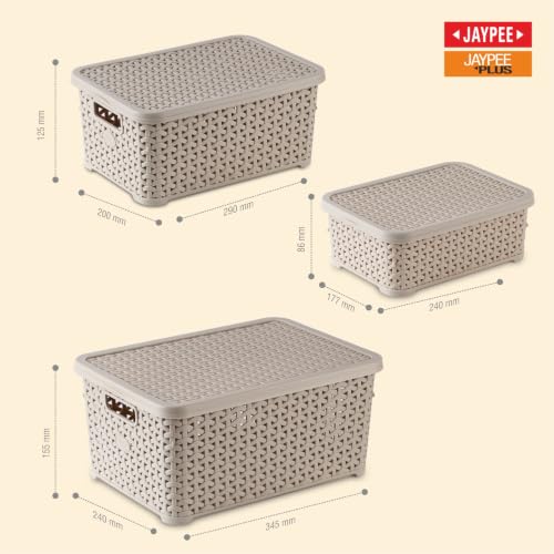 Image of Jaypee Plus Keep all 3 Plastic Storage Basket Organizers With Lid For Kitchen,Fridge, Office Wardrobe, Stationery, Household, Toys & Multipurpose use Pack of 3 Durable Box, Beige