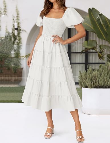 ZESICA Women's 2025 Summer Square Neck Short Puff Sleeve Solid Color High Waist Casual Smocked Flowy A Line Tiered Midi Dress3