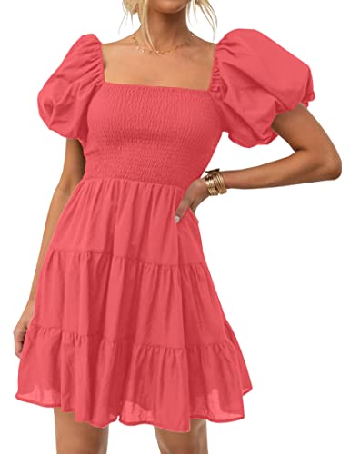 Image of ZESICA Women's Boho 2026 Summer Square Neck Puff Sleeve Off Shoulder Smocked Tiered Casual A Line Short Mini Dress