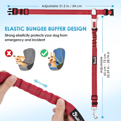 Image of SlowTon Dog Seat Belt for Car, 2 Pack Dog Car Harness Seatbelt with Bungee | 2 in 1 Pet Car Leash Headrest Restraint & Dog Safety Tether Clip, Adjustable with Elastic Buffer, Reflective, Red M /L