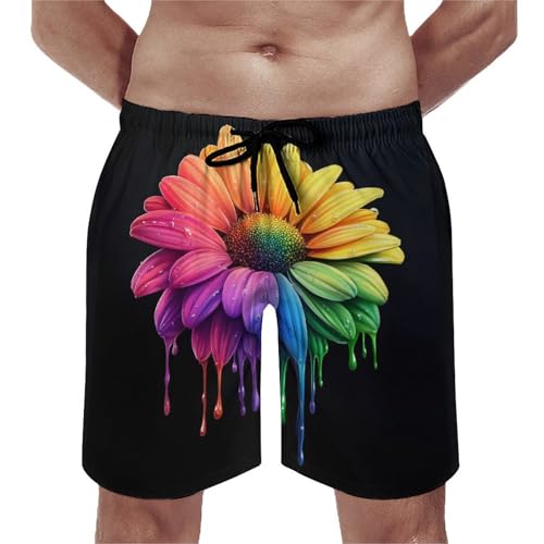 Rainbow Daisy Flower Men's Swim Trunks Board Shorts Beachshorts Swimsuits with Pockets Mesh Liner