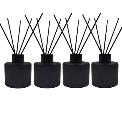 4PCS Reed Diffuser Bottle, Empty Matte Black Glass Jar with Black Sticks,Fragrance Replacement Container 100ml(4, Round)