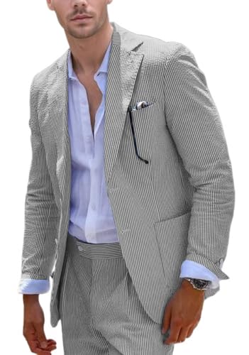 Blue Seersucker 2 Piece Casual Summer Men Suits
