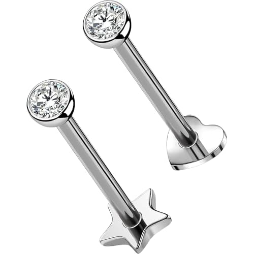 OUFER 2Pcs 16G G23 Titanium Threadless Stud Earrings Flat Back Star Heart Shape Tiny CZ Small Helix Cartilage Tragus Conch Lobe Labret Medusa Piercing Jewelry for Women Men