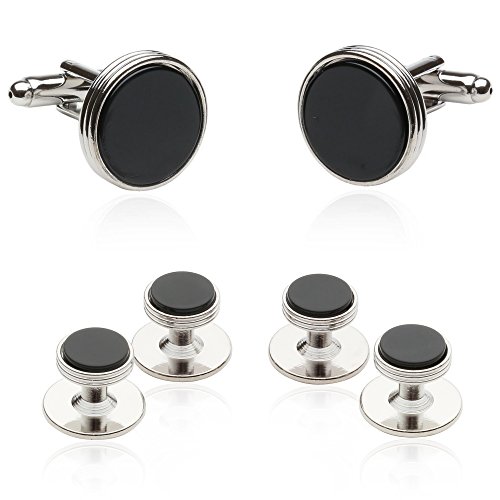 Mens Black Tuxedo Cufflinks and Studs Formal Set in Onyx and Silver