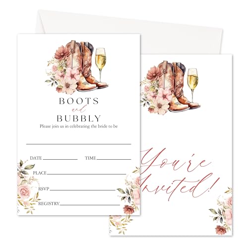 Wedding Shower Party Invitation, Western Country Bridal Shower Invitation, Boots and Bubbly Invite Cards with Envelopes, Invitations for Wedding Engagement Party, Set of 25 Party Supplies -c13