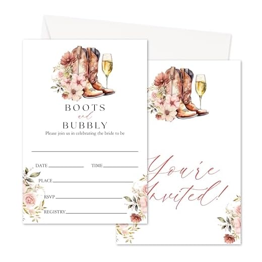 Wedding Shower Party Invitation, Western Country Bridal Shower Invitation, Boots and Bubbly Invite Cards with Envelopes, Invitations for Wedding Engagement Party, Set of 25 Party Supplies -c13
