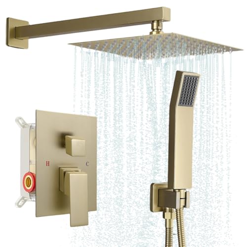 Grifo de ducha moderno con sistema de ducha lluvia de 10 pulgadas y combinación de ducha de mano, accesorios de ducha de 2 funciones con kit de revestimiento, dorado cepillado miniatura 1