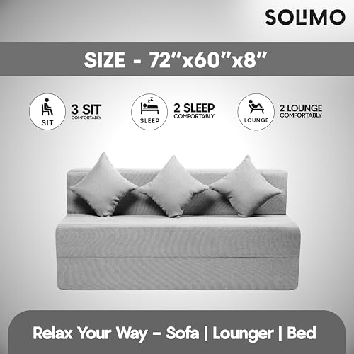 Image of Amazon Brand - Solimo 3 Seater 5 * 6 Jute Fabric Washable Cover Sofa Cum Bed with 3 Cushions 3 Seater Double Foam Fold Out Sofa Cum Bed (Finish Color - Light Grey Delivery Condition - Pre-Assembled)