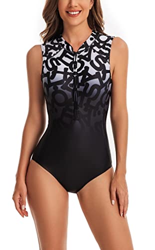 LafyKoly Traje de baño sin mangas de una pieza para mujer, traje de baño deportivo estampado con cremallera Monokini, Negro y letra, Medium