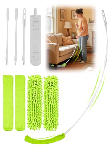Image of Bend-Free Gap Dust Cleaner Cleaning Tools Washable Flat Duster Brush with 4 Microfiber Chenille Dusting Cloths Long Handle 56 inches for Cleaning Under Appliances Furniture Couch Bed Fridge