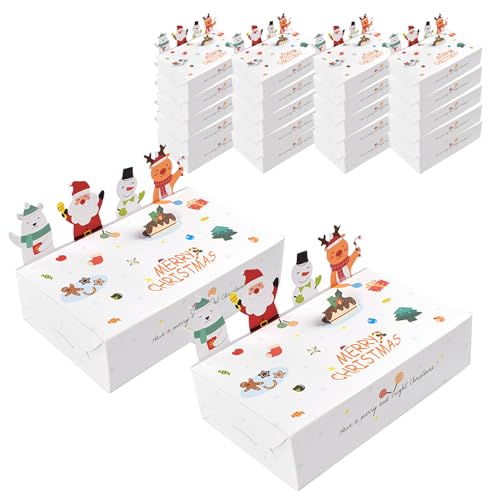 ZHDOKA 30pcs Christmas Treat Boxes, 3D Stacked Cookie Boxes Christmas Gifts Paper Boxes Rectangle Boxes with Lids for Holiday Party Wrapping Gifts Favor Supplies,5.9 X 3.5 X