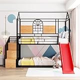Harper & Bright Designs House Bunk Bed with Slide and Convertible Staircases, Twin Over Twin Bunk Bed with Storage, Metal Bunk Bed Frame for Kids, Teens. No Box Spring Needed, Black & Red