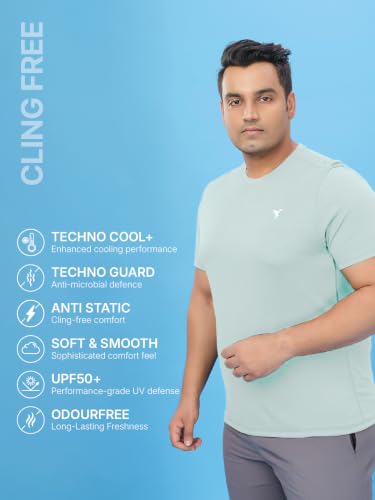 Image of TECHNOSPORT Men's TECHNOCOOL+ Slim Fit Sports T-Shirt Quick Dry Round Neck Performance Tee with UPF 50+, Anti-Odour, Anti-Microbial & 2-Way Stretch Gym, Running, Training & Casual Wear