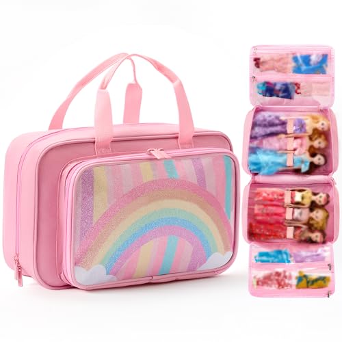 BECOSEFU Carrying Case Compatible with Barbie Dolls 12-Inch Storage Organizer Holder with Handle for up to 6 Dolls Multiple Pockets for Clothes & Accessories Travel Portable Storage Bag Pink