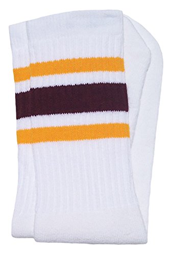 American Made Mid Calf White Tube Socks with Gold-Maroon stripes style 3 for Women, Men, and all Individuals