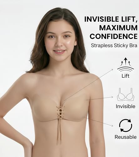 Image of DClub Strapless Sticky Bra Invisible Backless Stick on Bra Push up Lift Bras for Women Dress Reusable Silicone Nipple Covers