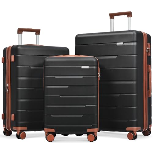 Luggage Sets 3 Piece Suitcase Set 20/24/28,Carry on Luggage Airline Approved,Hard Case with Spinner Wheels, Black and Brown
