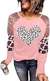 Valentine's Shirt for Women Long Sleeve Love Heart Print Tees Sequin Leopard Splicing Raglans Tops